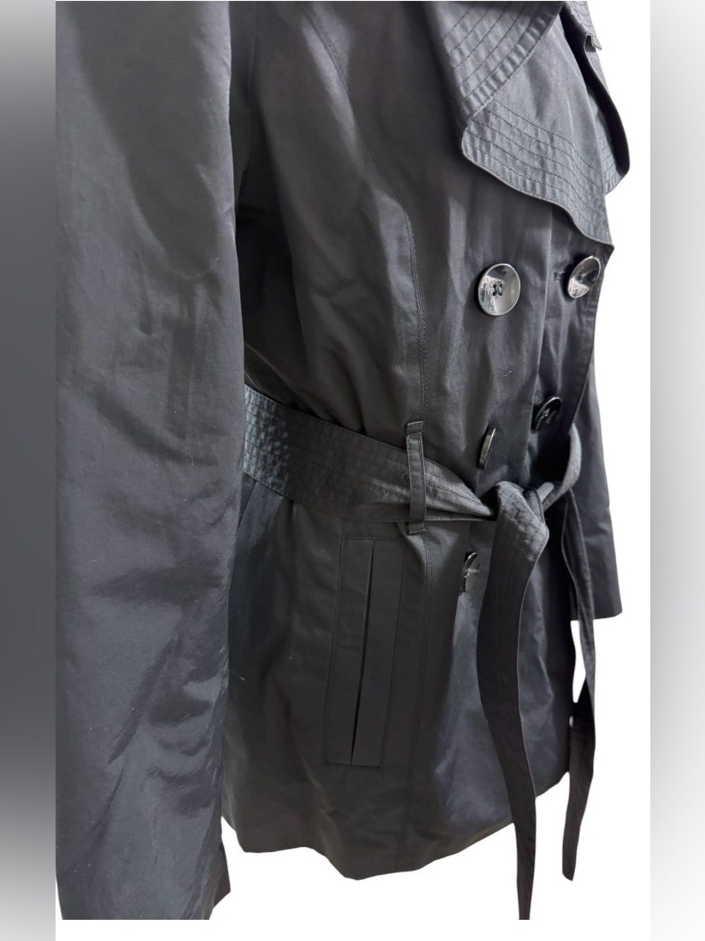 LONDON FOG BLACK DOUBLE BREASTED TRENCH COAT BELTED WOMEN’S SMALL JACKET - Picture 5 of 14